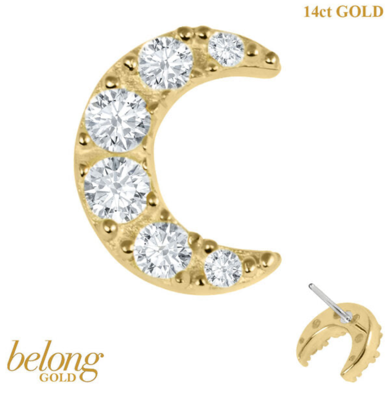 14ct Solid Gold Threadless (Bend fit) Claw Set CZ Jewelled  Moon